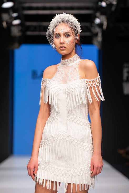 HALTER SLEEVE FRINGED MINI AFTER DRESS - Barrus London